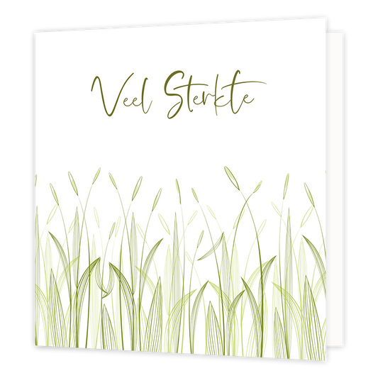 Veel sterkte - Formaat: Normaal - Vorm: Vierkant - Condoleance kaart - Op deze wenskaart staat gras op een witte achtergrond met daarboven de tekst: "Veel sterkte". - Snelwenskaart