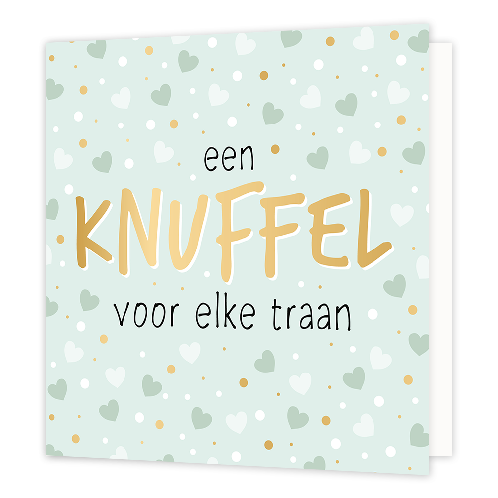 Een knuffel voor elke traan - Formaat: Standaard - Vorm: Vierkant - Condoleance kaart - Op deze wenskaart staan hartjes in de kleuren wit en groen, op een mintgroene achtergrond. In het midden staat de tekst: "Een knuffel voor elke traan". - Snelwenskaart