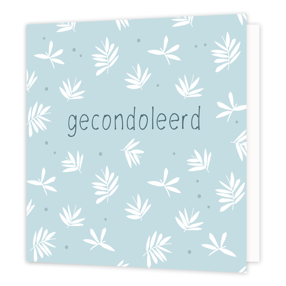 Gecondoleerd - Formaat: Normaal - Vorm: Vierkant - Condoleance kaart - Op deze wenskaart staan witte blaadjes op een lichtblauwe achtergrond. In het midden staat de tekst: "Gecondoleerd". - Snelwenskaart