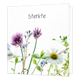 Sterkte - Formaat: Standaard - Vorm: Vierkant - Condoleance kaart - Op deze wenskaart zijn diverse bloemen te zien in de kleuren wit, paars, en blauw, met groene bladeren. Boven de illustratie staat de tekst: "Sterkte". - Snelwenskaart