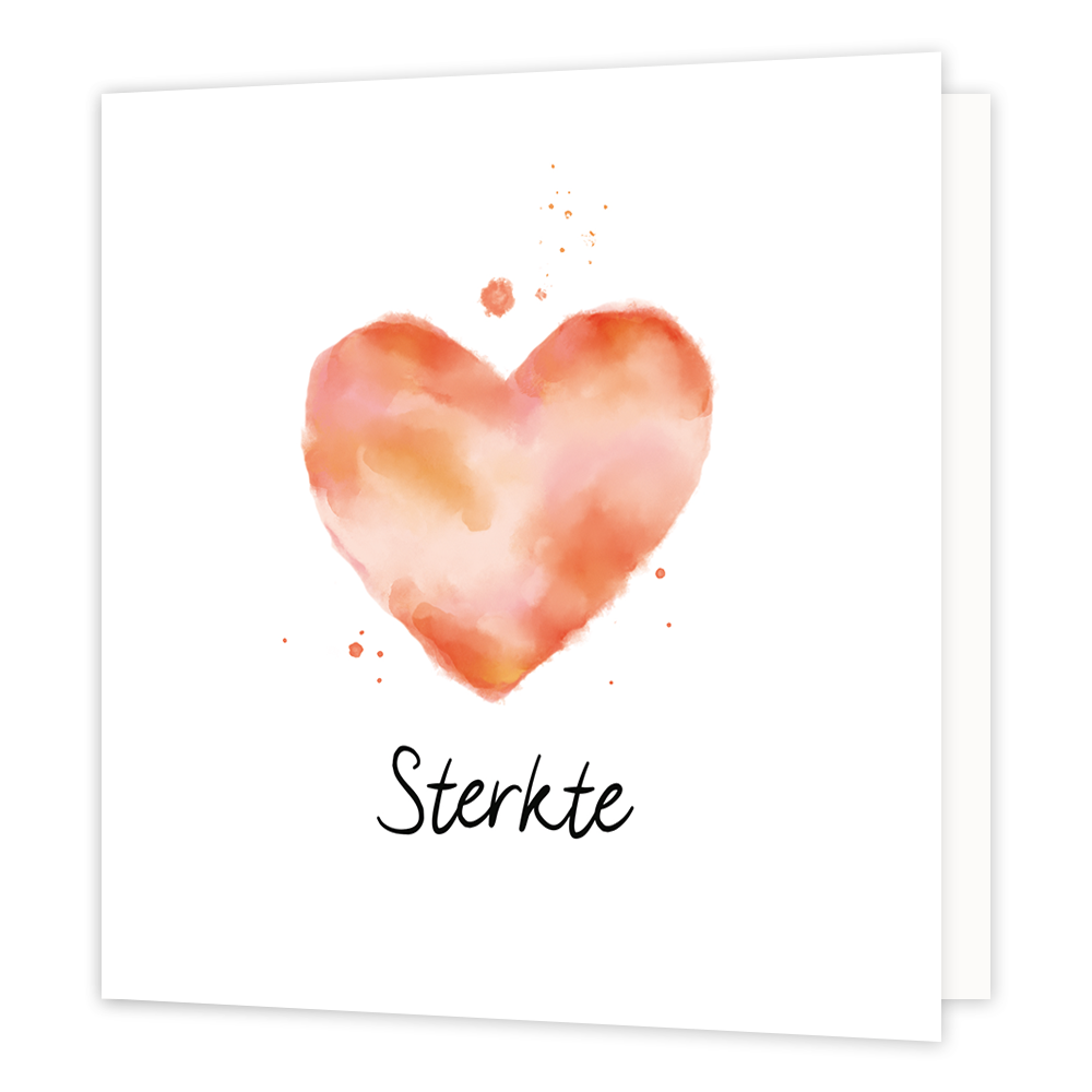 Sterkte - Formaat: Standaard - Vorm: Vierkant - Condoleance kaart - Op deze wenskaart staat een hart in de kleuren beige, roze, oranje en rood, met daaronder de tekst: "Sterkte". - Snelwenskaart