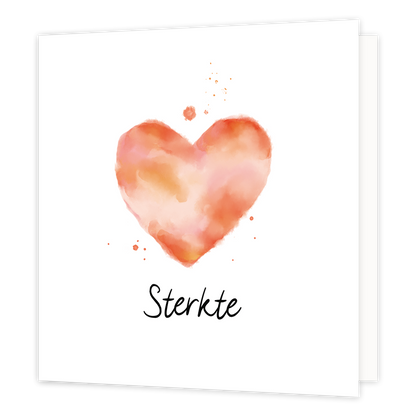 Sterkte - Formaat: Standaard - Vorm: Vierkant - Condoleance kaart - Op deze wenskaart staat een hart in de kleuren beige, roze, oranje en rood, met daaronder de tekst: "Sterkte". - Snelwenskaart