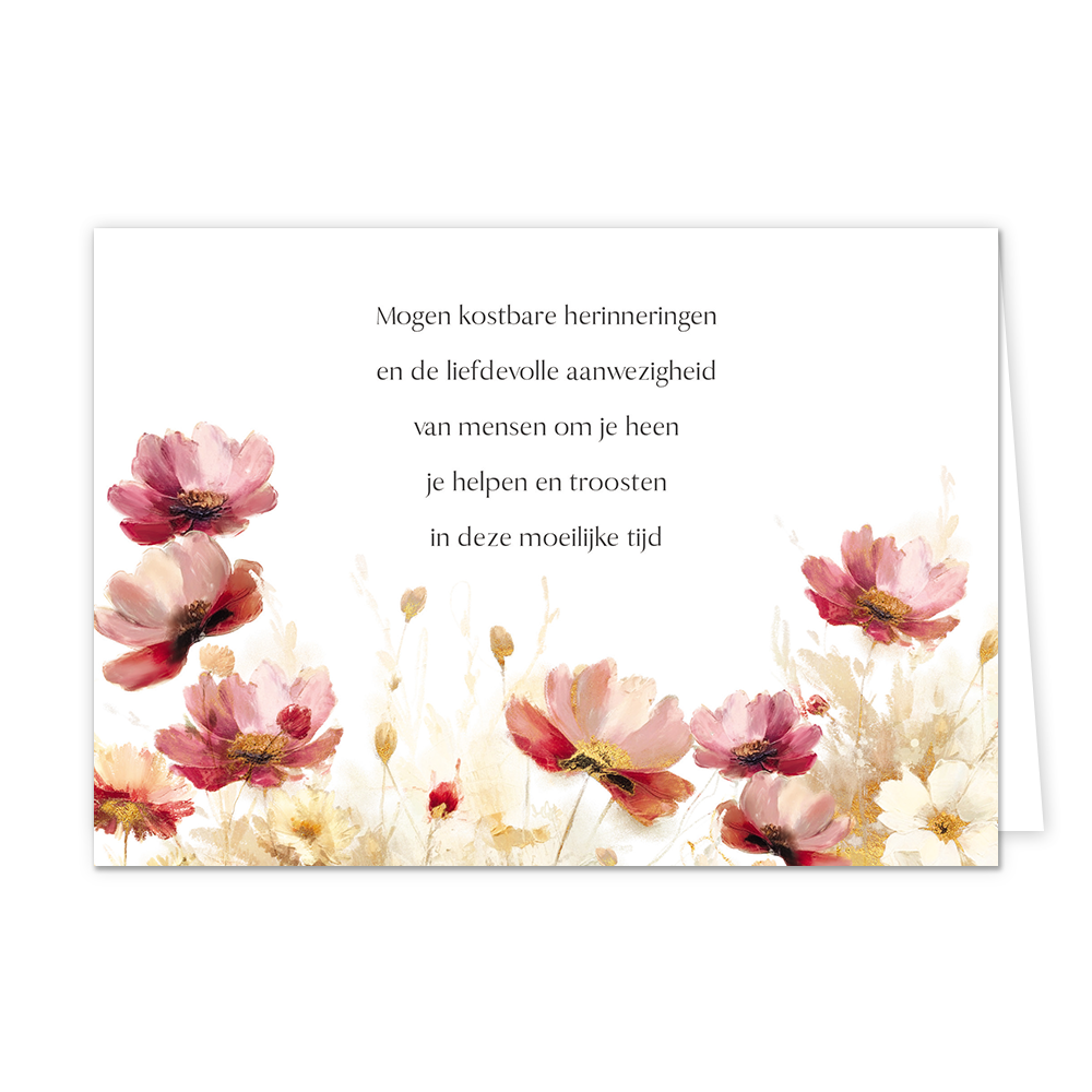 Kostbare herinneringen - Formaat: Standaard - Vorm: Liggend - Condoleance kaart - Op deze wenskaart staan bloemen in de kleuren paars, beige, roze en rood. In het midden staat de tekst: "Mogen kostbare herinneringen en de liefdevolle aanwezigheid van mensen om je heen je helpen en troosten in deze moeilijke tijd". - Snelwenskaart