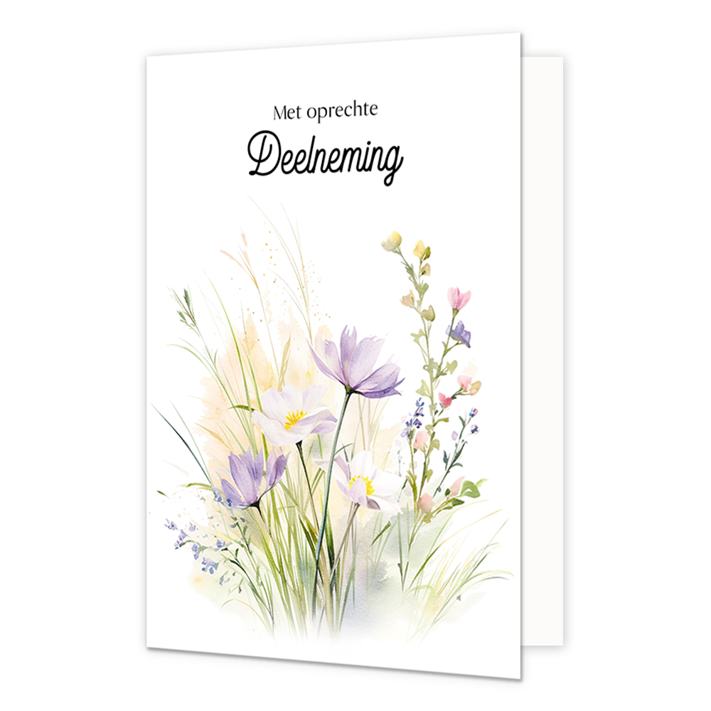 Met oprecht deelneming - Formaat: Normaal - Vorm: Staand - Condoleance kaart - Op deze wenskaart staan bloemen in de kleuren paars, wit en roze, op een witte achtergrond. Boven de illustatie staat de tekst: "Met oprechte deelneming". - Snelwenskaart