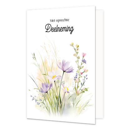 Met oprecht deelneming - Formaat: Normaal - Vorm: Staand - Condoleance kaart - Op deze wenskaart staan bloemen in de kleuren paars, wit en roze, op een witte achtergrond. Boven de illustatie staat de tekst: "Met oprechte deelneming". - Snelwenskaart