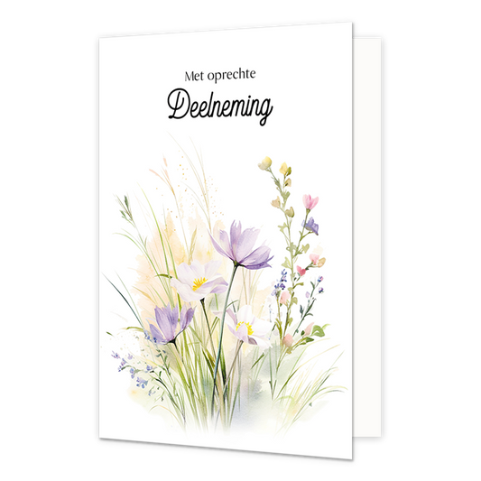 Met oprecht deelneming - Formaat: Normaal - Vorm: Staand - Condoleance kaart - Op deze wenskaart staan bloemen in de kleuren paars, wit en roze, op een witte achtergrond. Boven de illustatie staat de tekst: "Met oprechte deelneming". - Snelwenskaart