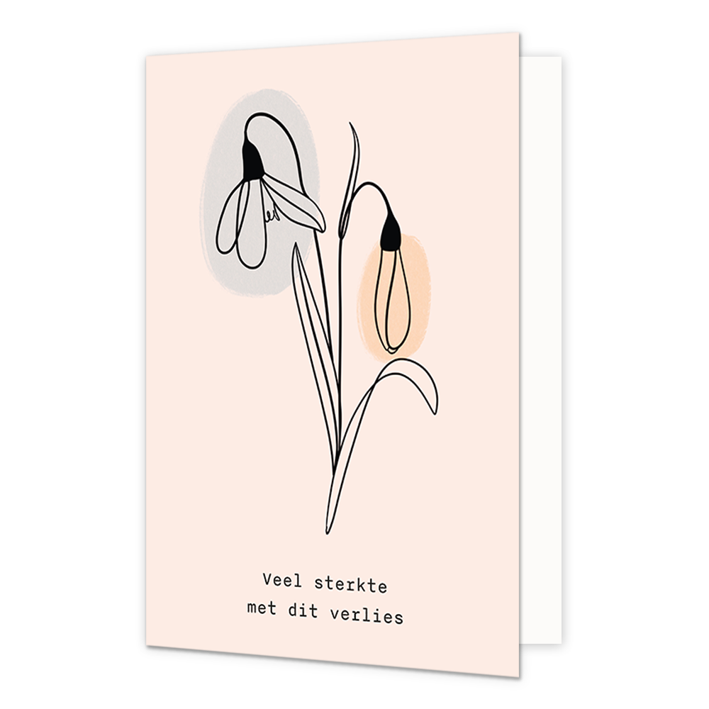Op deze wenskaart staan twee bloemen met daaronder de tekst: "Veel sterkte met dit verlies". 