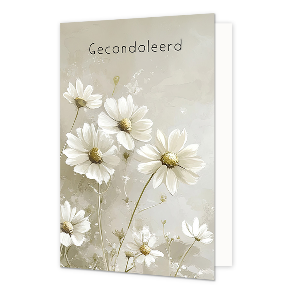 Gecondoleerd - Formaat: Normaal - Vorm: Staand - Condoleance kaart - Op deze wenskaart staan witte bloemen op een grijze achtergrond met de tekst: "Gecondoleerd". - Snelwenskaart
