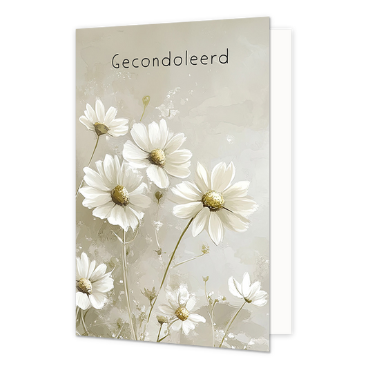 Gecondoleerd - Formaat: Normaal - Vorm: Staand - Condoleance kaart - Op deze wenskaart staan witte bloemen op een grijze achtergrond met de tekst: "Gecondoleerd". - Snelwenskaart