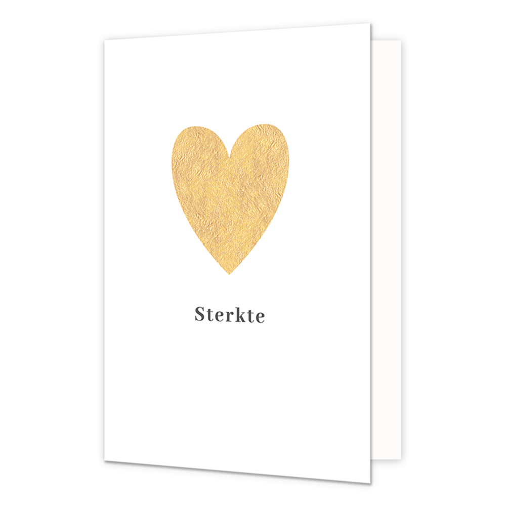 Sterkte - Formaat: Normaal - Vorm: Staand - Condoleance kaart - Op deze wenskaart staat een gouden hart met daaronder de tekst: "Sterkte". - Snelwenskaart