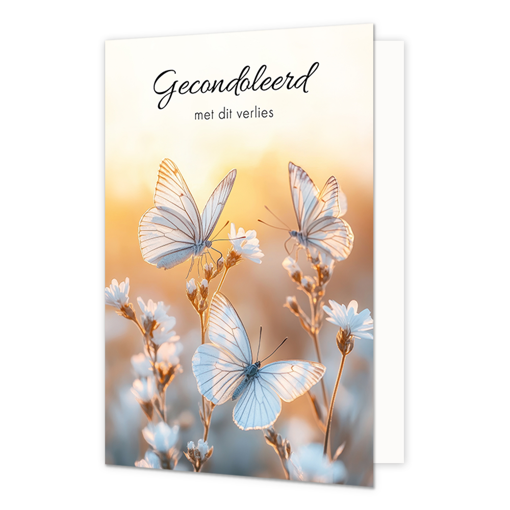 Gecondoleerd met dit verlies - Formaat: Normaal - Vorm: Staand - Condoleance kaart - Op deze wenskaart staan drie vlinders met daarboven de tekst: "Gecondoleerd met dit verlies". - Snelwenskaart
