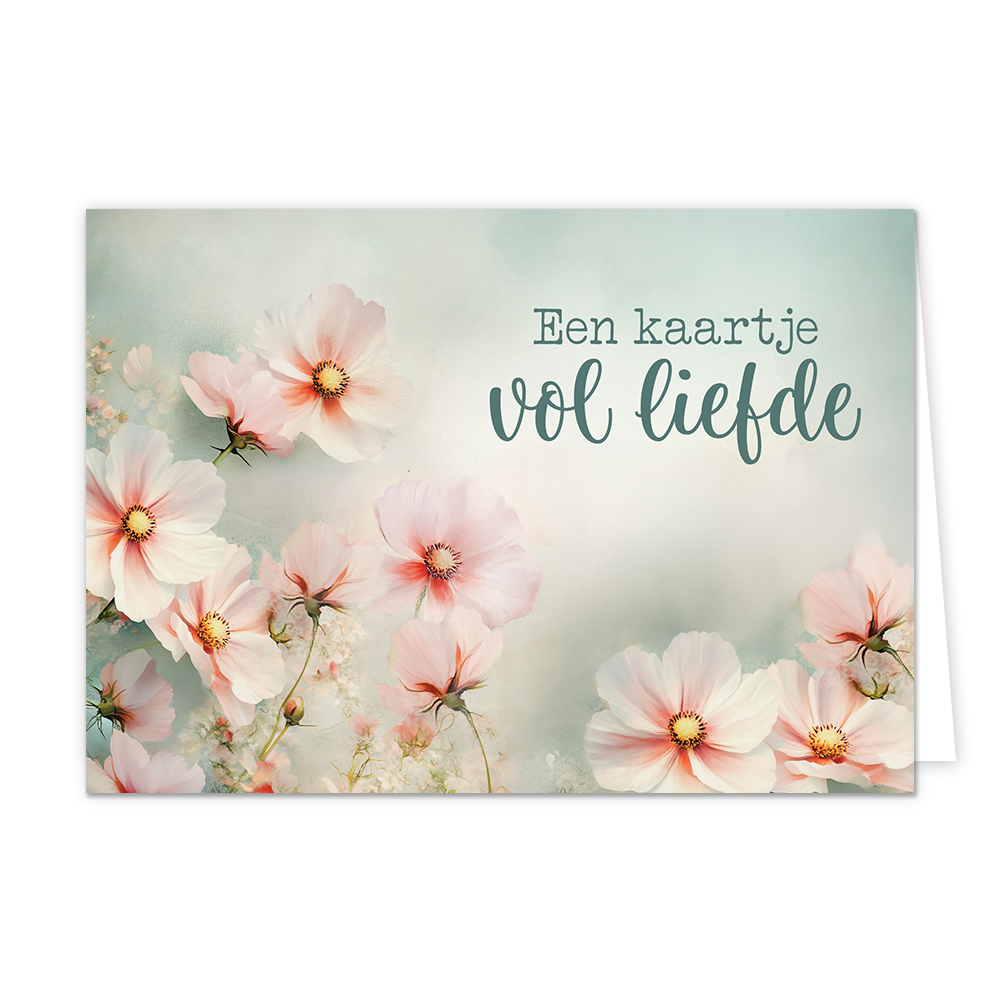 Een kaartje vol liefde - Formaat: Normaal - Vorm: Liggend - Liefdeskaart - Op deze wenskaart staan roze bloemen op een groene achtergrond met de tekst: "Een kaartje vol liefde". - Snelwenskaart