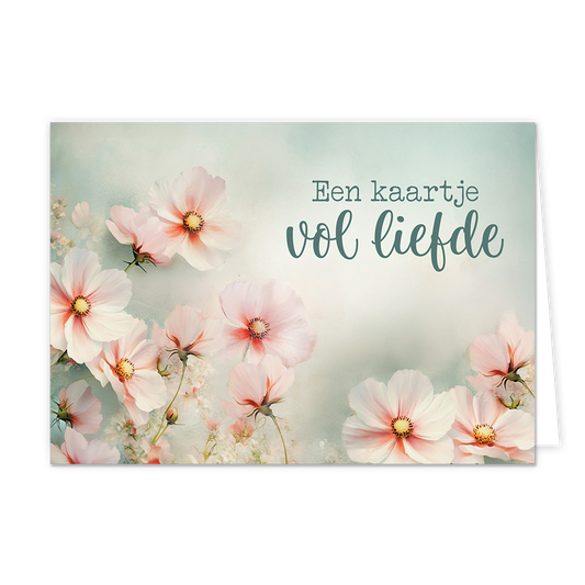 Een kaartje vol liefde - Formaat: Normaal - Vorm: Liggend - Liefdeskaart - Op deze wenskaart staan roze bloemen op een groene achtergrond met de tekst: "Een kaartje vol liefde". - Snelwenskaart