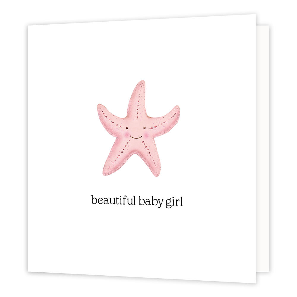 Beautiful baby girl - Formaat: Normaal - Vorm: Vierkant - Geboortekaart - Op deze wenskaart staat een roze zeester op een witte achtergrond met daaronder de tekst: "Beautiful baby girl". - Snelwenskaart