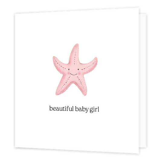 Beautiful baby girl - Formaat: Normaal - Vorm: Vierkant - Geboortekaart - Op deze wenskaart staat een roze zeester op een witte achtergrond met daaronder de tekst: "Beautiful baby girl". - Snelwenskaart