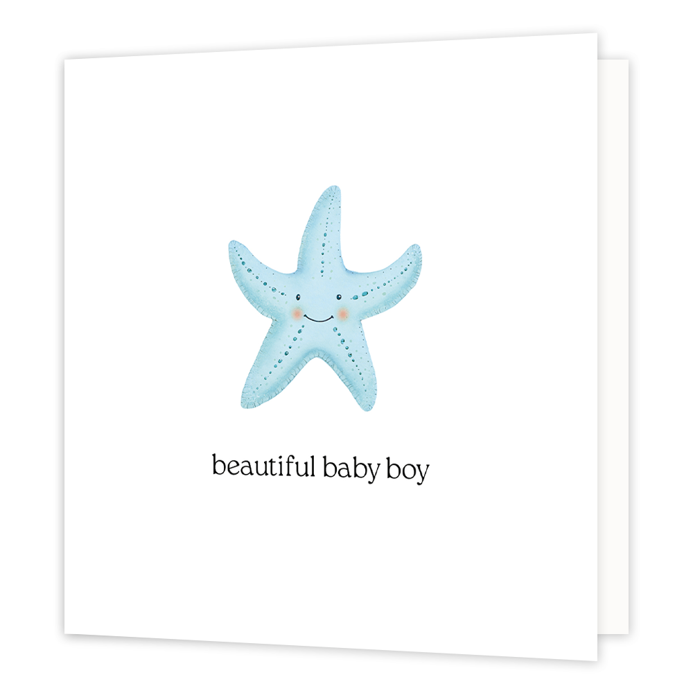 Beautiful baby boy - Formaat: Normaal - Vorm: Vierkant - Geboortekaart - Op deze wenskaart staat een blauw zeester op een witte achtergrond met daaronder de tekst: "Beautiful baby boy". - Snelwenskaart