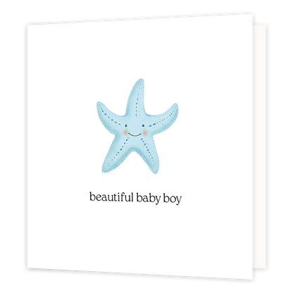 Beautiful baby boy - Formaat: Normaal - Vorm: Vierkant - Geboortekaart - Op deze wenskaart staat een blauw zeester op een witte achtergrond met daaronder de tekst: "Beautiful baby boy". - Snelwenskaart