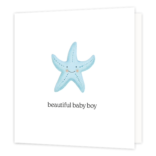 Beautiful baby boy - Formaat: Normaal - Vorm: Vierkant - Geboortekaart - Op deze wenskaart staat een blauw zeester op een witte achtergrond met daaronder de tekst: "Beautiful baby boy". - Snelwenskaart