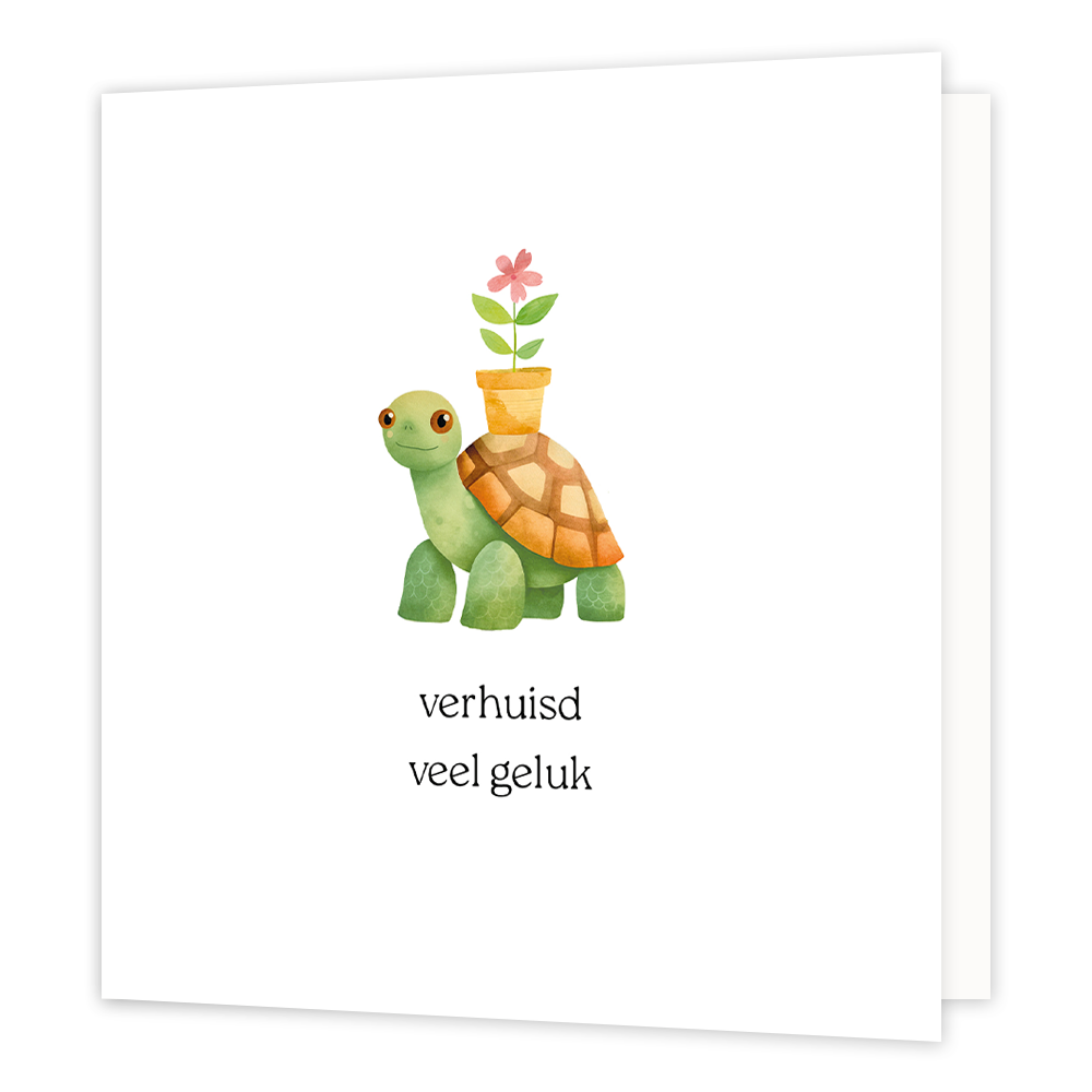 Verhuisd veel geluk - Formaat: Normaal - Vorm: Vierkant - Woningkaart - Op deze wenskaart staat een schildpad die een bloempotje met een roze bloem op zijn rug heeft. Daaronder staat de tekst: "Verhuisd veel geluk". - Snelwenskaart