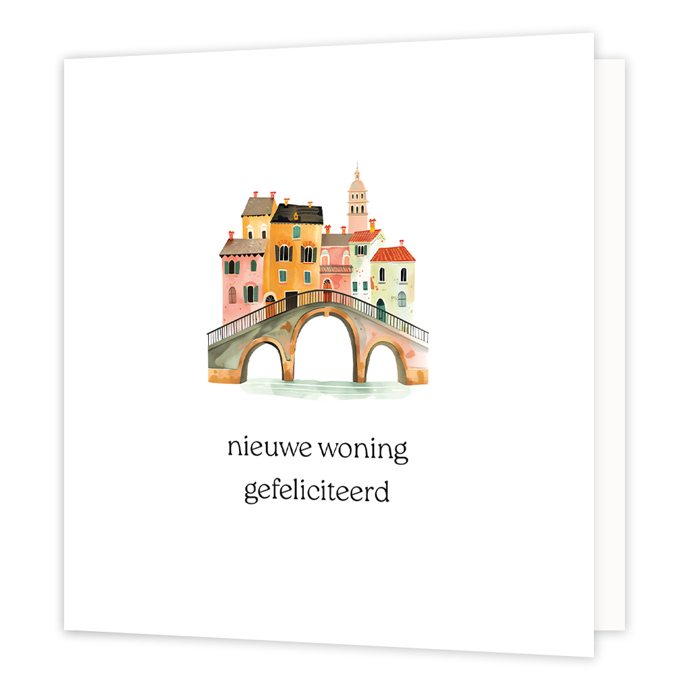 Nieuwe woning gefeliciteerd - Formaat: Normaal - Vorm: Vierkant - Woningkaart - Op deze wenskaart staan huizen die op een brug lijken te staan, op een witte achtergrond. Daaronder staat de tekst: "Nieuwe woning gefeliciteerd". - Snelwenskaart
