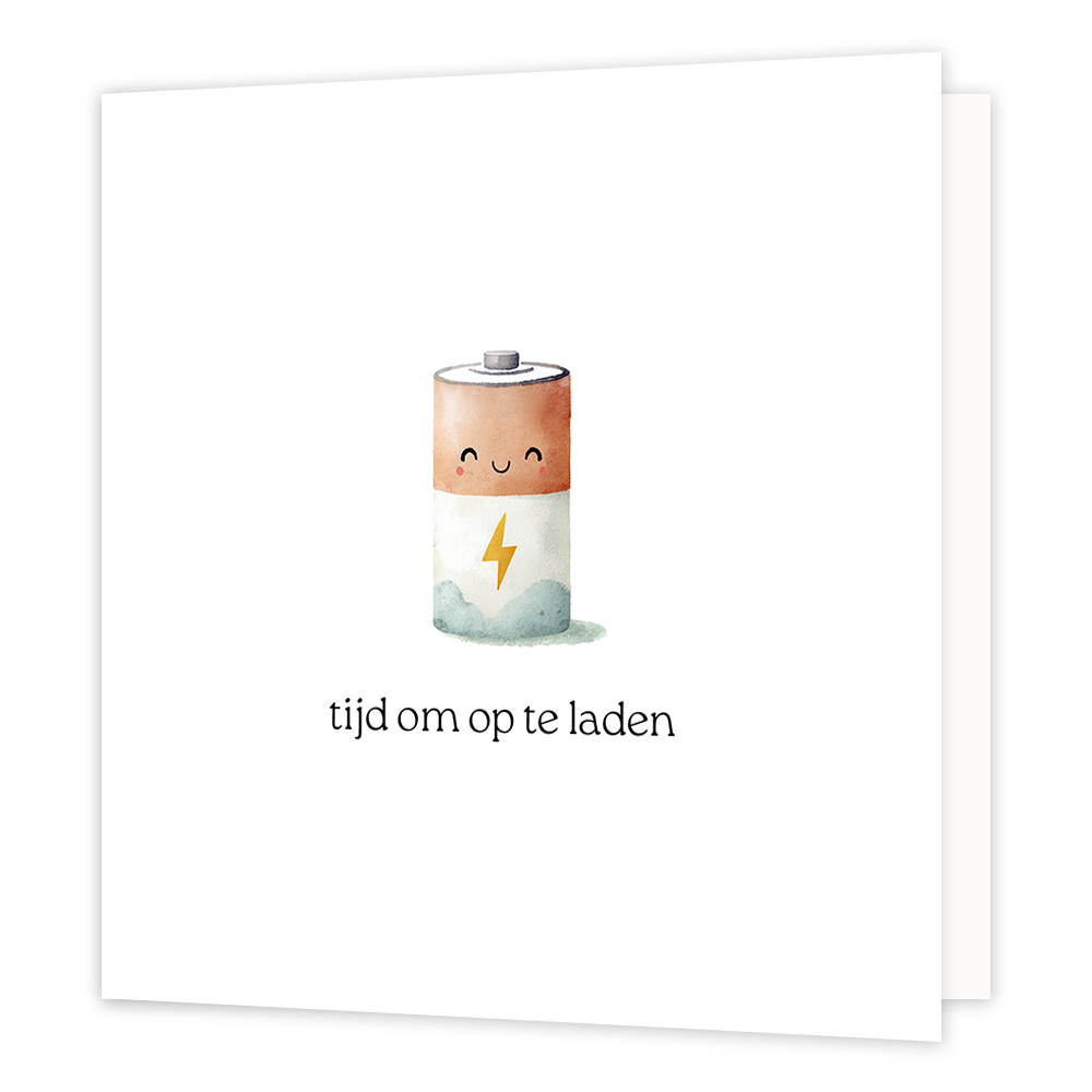 Tijd om op te laden - Formaat: Klein - Vorm: Vierkant - Opkikker kaart - Op deze wenskaart staat een illustratie van een vermenselijkte batterij met een vrolijk gezichtje, die in het midden een geel bliksemschicht-symbool toont. Onder de batterij staat de tekst "tijd om op te laden". - Snelwenskaart