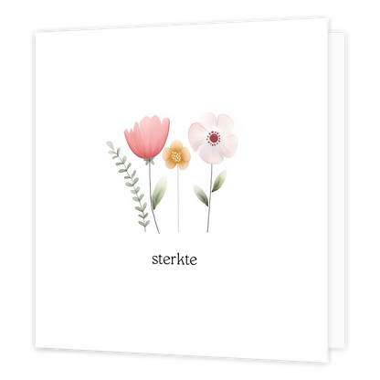 Sterkte - Formaat: Normaal - Vorm: Vierkant - Sterkte kaart - Op deze wenskaart staan bloemen met daaronder de tekst: "Sterkte". - Snelwenskaart