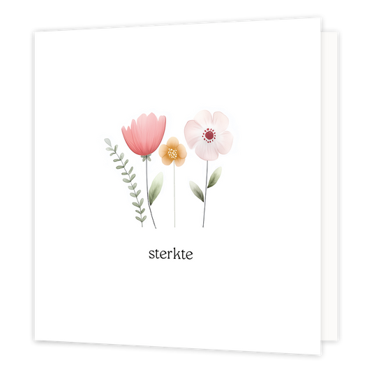 Sterkte - Formaat: Normaal - Vorm: Vierkant - Sterkte kaart - Op deze wenskaart staan bloemen met daaronder de tekst: "Sterkte". - Snelwenskaart