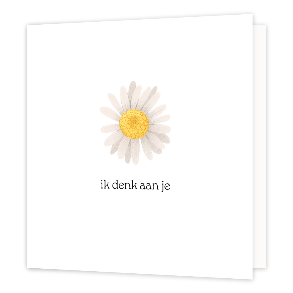 Ik denk aan je - Formaat: Normaal - Vorm: Vierkant - Denken aan kaart - Op deze wenskaart staat een witte bloem op een witte achtergrond met daaronder de tekst: "Ik denk aan je". - Snelwenskaart