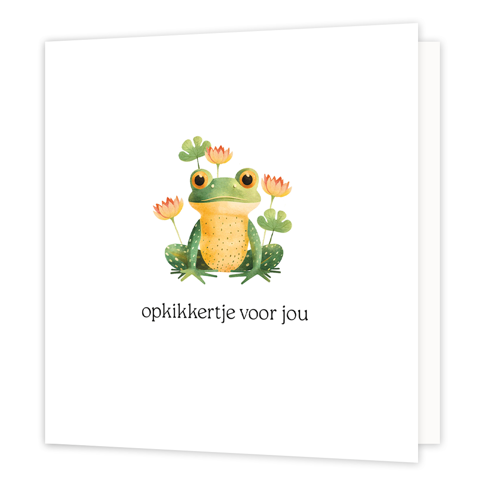 Opkikkertje voor jou - Formaat: Normaal - Vorm: Vierkant - Opkikker kaart - Op deze wenskaart staat een kikker met oranje bloemen en groen blaadjes erom heen, op een witte achtergrond. Daaronder staat de tekst: "Opkikkertje voor jou". - Snelwenskaart