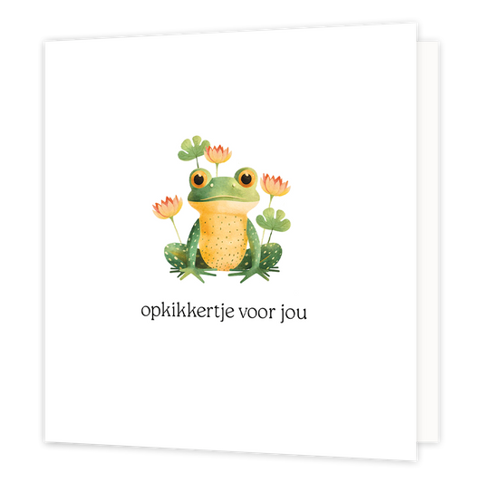 Opkikkertje voor jou - Formaat: Normaal - Vorm: Vierkant - Opkikker kaart - Op deze wenskaart staat een kikker met oranje bloemen en groen blaadjes erom heen, op een witte achtergrond. Daaronder staat de tekst: "Opkikkertje voor jou". - Snelwenskaart