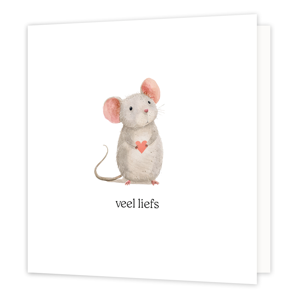 Veel liefs - Formaat: Normaal - Vorm: Vierkant - Liefdeskaart - Op deze wenskaart staat een muisje die een hartje vast houdt op een witte achtergrond met de tekst daaronder: "Veel liefs". - Snelwenskaart