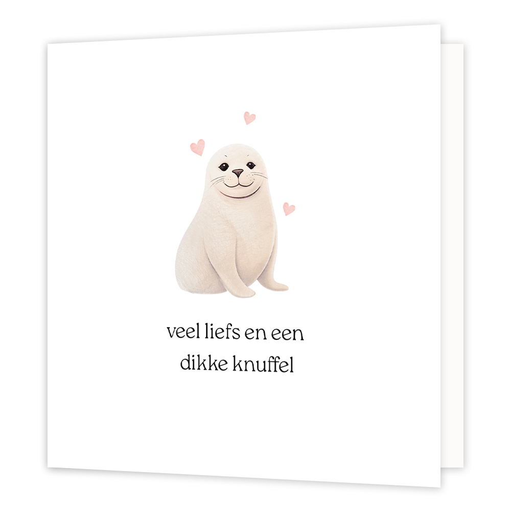Veel liefs en een dikke knuffel - Formaat: Normaal - Vorm: Vierkant - Vriendschapskaart - Op deze wenskaart staat een witte zeehond met hartjes eromheen, op een witte achtergrond. Daaronder de tekst: "Veel liefs en een dikke knuffel". - Snelwenskaart