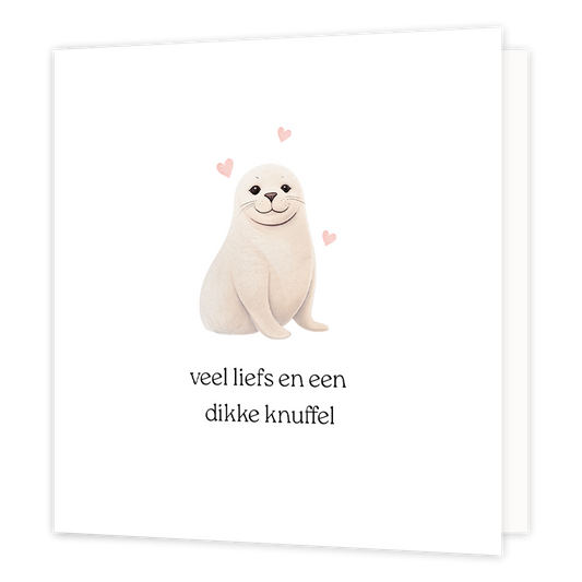 Veel liefs en een dikke knuffel - Formaat: Normaal - Vorm: Vierkant - Vriendschapskaart - Op deze wenskaart staat een witte zeehond met hartjes eromheen, op een witte achtergrond. Daaronder de tekst: "Veel liefs en een dikke knuffel". - Snelwenskaart