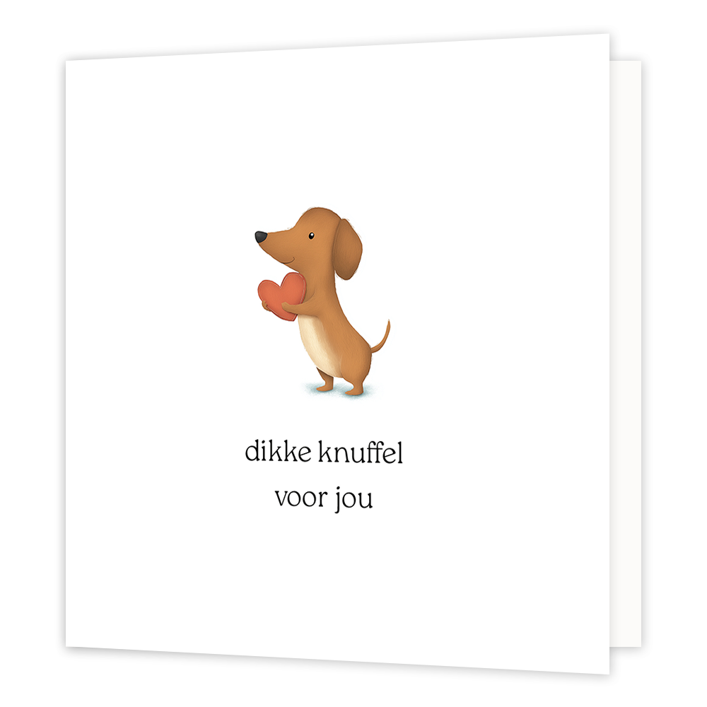 Dikke knuffel voor jou - Formaat: Klein - Vorm: Vierkant - Denken aan kaart - Op deze wenskaart staat een illustratie van een bruin teckeltje dat rechtop staat en met zijn voorpoten een rood hartje vasthoudt. Onder de hond staat de tekst "dikke knuffel voor jou". - Snelwenskaart
