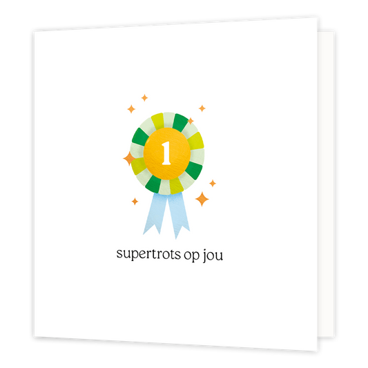 Supertrots op jou - Formaat: Normaal - Vorm: Vierkant - Complimentenkaart - Op deze wenskaart staat een gouden medaille met het cijfer 1 erop en gouden sterren eromheen. Daaronder staat de tekst: "Supertrots op jou". - Snelwenskaart