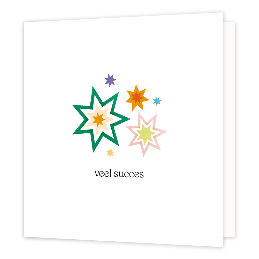 Veel succes - Formaat: Normaal - Vorm: Vierkant - Succes kaart - Op deze wenskaart staan sterren in de kleuren groen, geel, oranje, roze, blauw en paars, op een witte achtergrond. Daaronder staat de tekst: "Veel succes". - Snelwenskaart