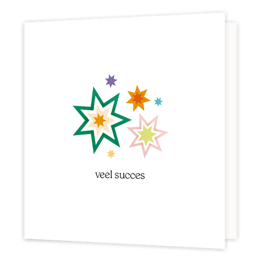 Veel succes - Formaat: Normaal - Vorm: Vierkant - Succes kaart - Op deze wenskaart staan sterren in de kleuren groen, geel, oranje, roze, blauw en paars, op een witte achtergrond. Daaronder staat de tekst: "Veel succes". - Snelwenskaart