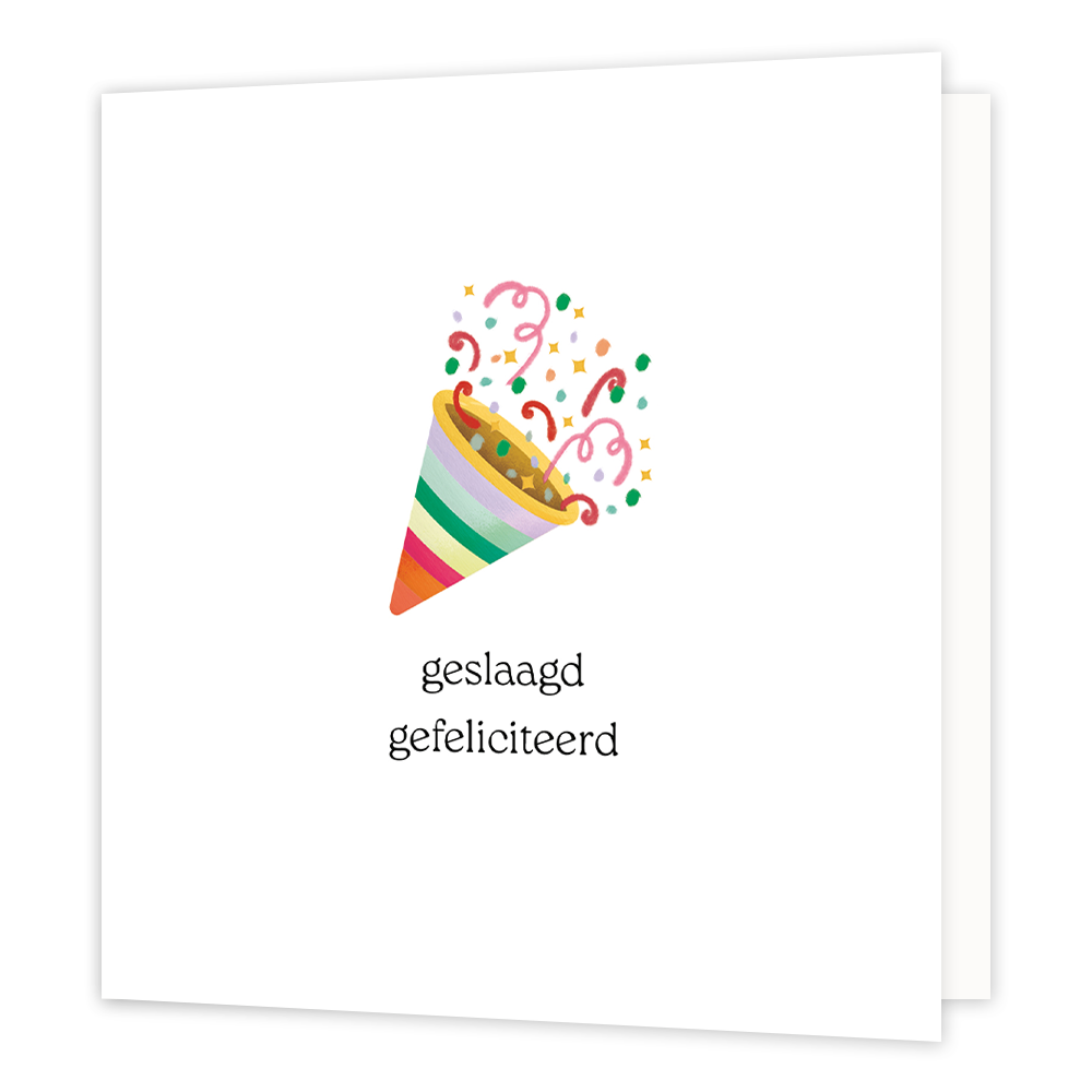 Geslaagd gefeliciteerd - Formaat: Normaal - Vorm: Vierkant - Geslaagd kaart - Op deze wenskaart staat een feesthoedje waar slingers en confetti uit komt. Daaronder staat de tekst: "Geslaagd gefeliciteerd". - Snelwenskaart