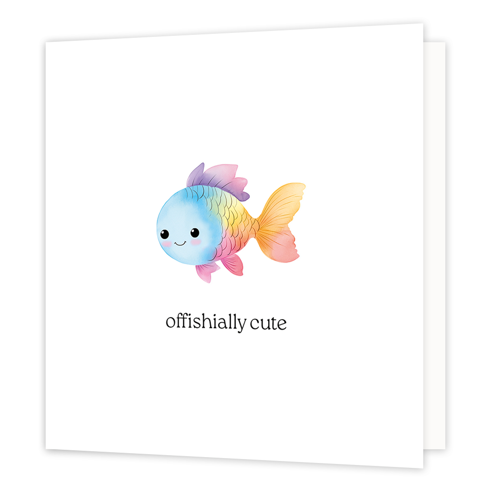 Offishially cute - Formaat: Normaal - Vorm: Vierkant - Liefdeskaart - Op deze wenskaart staat een gekleurde vis met daaronder de tekst: "Offishially cute". - Snelwenskaart