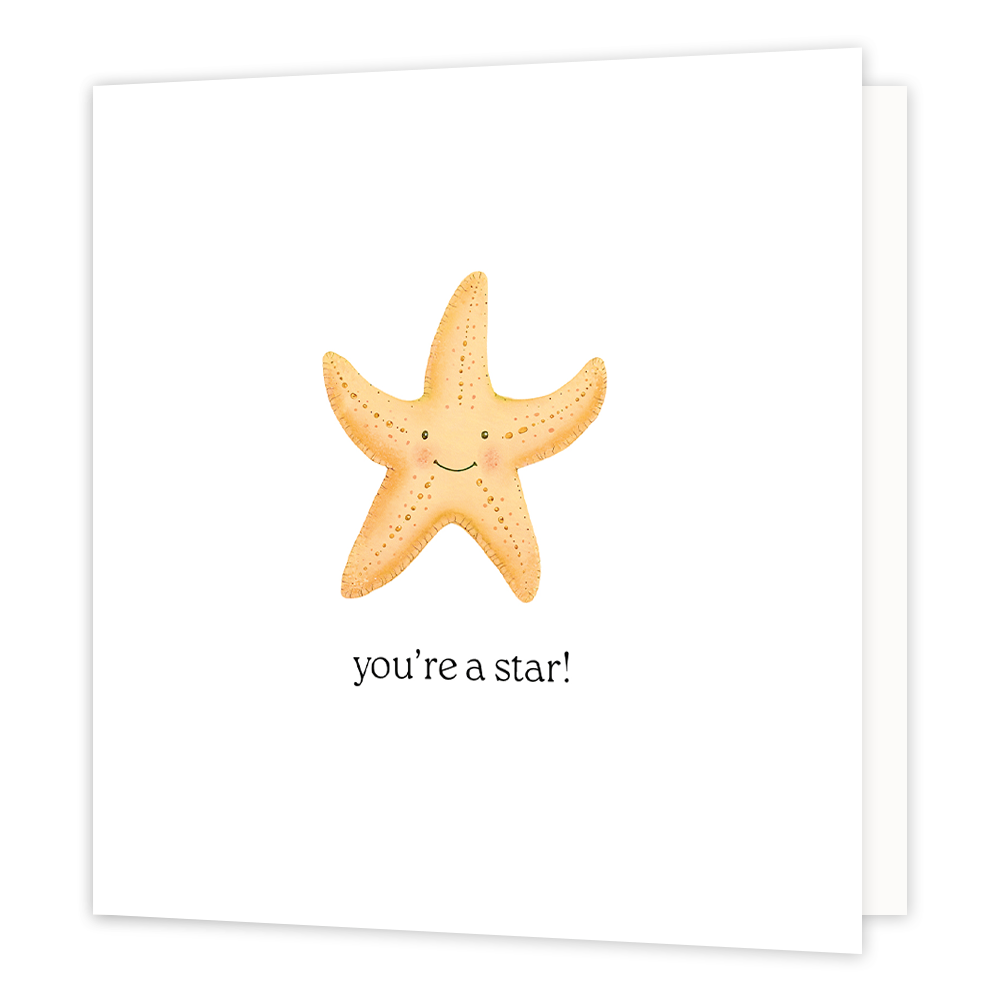 You're a star - Formaat: Normaal - Vorm: Vierkant - Complimentenkaart - Op deze wenskaart staat een oranje zeester op een witte achtergrond met daaronder de tekst: "You're a star". - Snelwenskaart