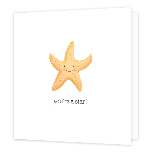 You're a star - Formaat: Normaal - Vorm: Vierkant - Complimentenkaart - Op deze wenskaart staat een oranje zeester op een witte achtergrond met daaronder de tekst: "You're a star". - Snelwenskaart