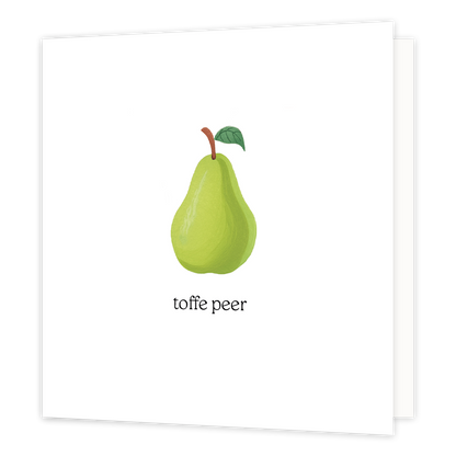 Toffe peer - Formaat: Standaard - Vorm: Vierkant - Complimentenkaart - Op deze wenskaart staat een peer op een witte achtergrond met daaronder de tekst: "Toffe peer". - Snelwenskaart