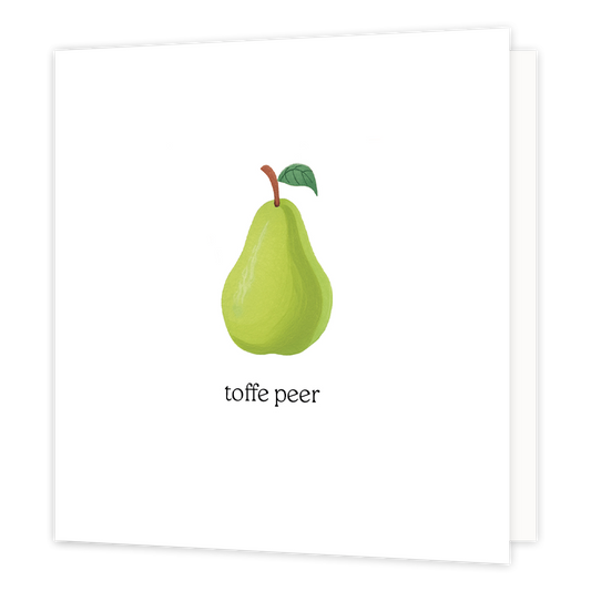 Toffe peer - Formaat: Normaal - Vorm: Vierkant - Complimentenkaart - Op deze wenskaart staat een peer op een witte achtergrond met daaronder de tekst: "Toffe peer". - Snelwenskaart
