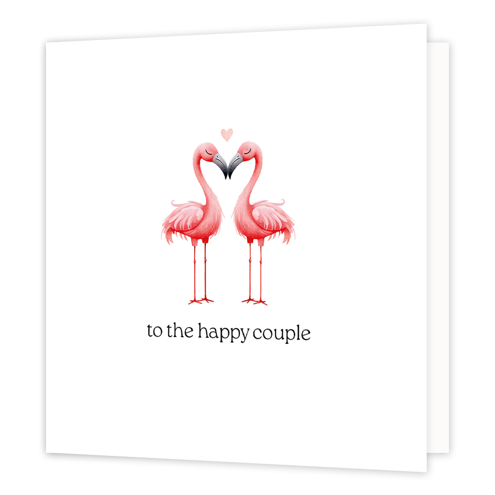 To the happy couple - Formaat: Normaal - Vorm: Vierkant - Huwelijkskaart - Op deze wenskaart staan twee roze flamingo's die een hartje vormen. Daaronder staat de tekst: "To the happy couple". - Snelwenskaart