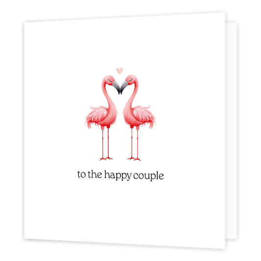 To the happy couple - Formaat: Normaal - Vorm: Vierkant - Huwelijkskaart - Op deze wenskaart staan twee roze flamingo's die een hartje vormen. Daaronder staat de tekst: "To the happy couple". - Snelwenskaart