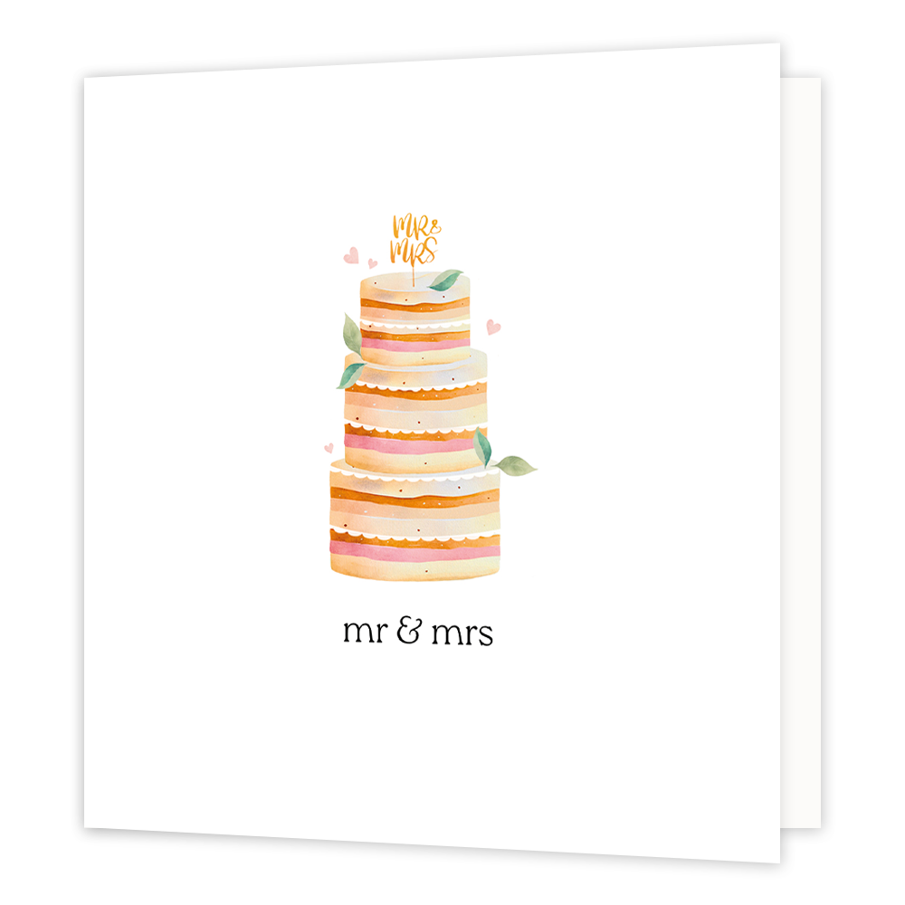 MR & MRS - Formaat: Normaal - Vorm: Vierkant - Huwelijkskaart - Op deze wenskaart staat een taart in de kleuren beige, oranje, wit en roze met daaronder de tekst; "MR & MRS". - Snelwenskaart