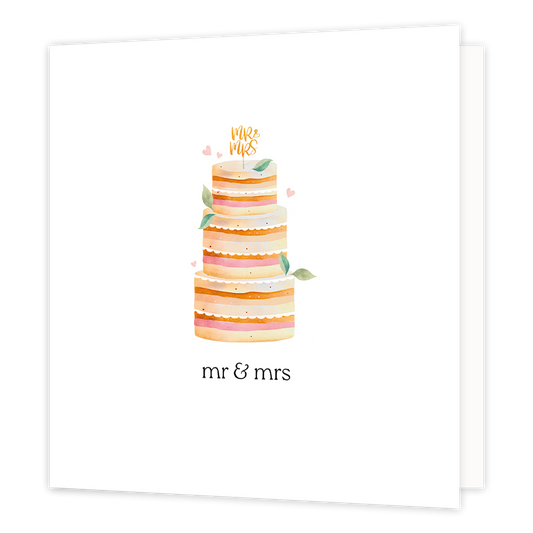 MR & MRS - Formaat: Normaal - Vorm: Vierkant - Huwelijkskaart - Op deze wenskaart staat een taart in de kleuren beige, oranje, wit en roze met daaronder de tekst; "MR & MRS". - Snelwenskaart