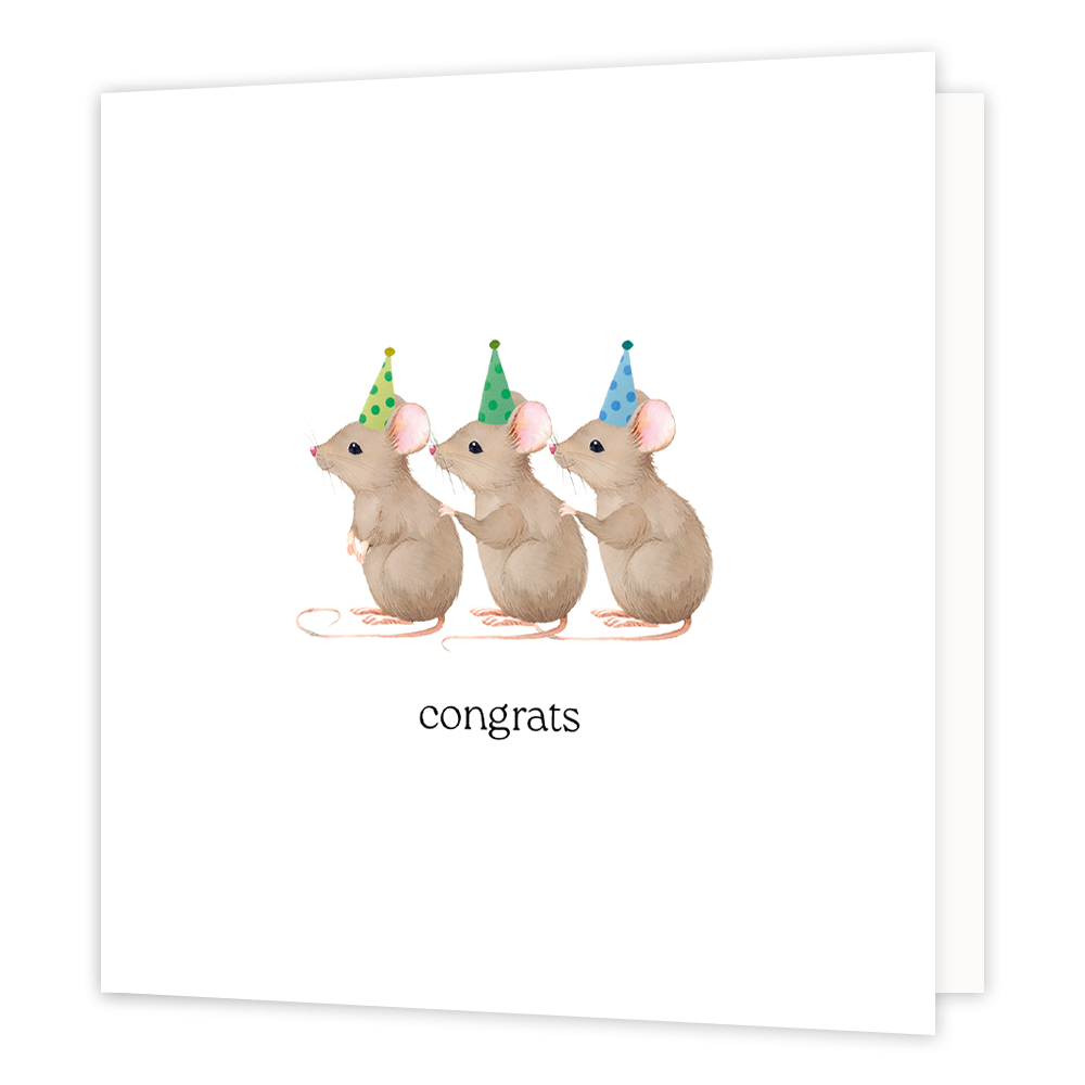 Congrats - Formaat: Standaard - Vorm: Vierkant - Felicitatiekaart - Op deze wenskaart staan drie muisjees met een feesthoedje die de polonaise lopen. Daaronder staat de tekst: "Congrats". - Snelwenskaart