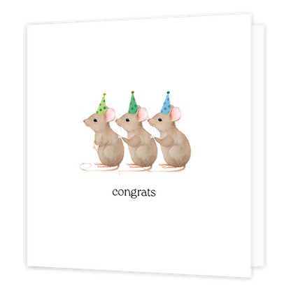 Congrats - Formaat: Standaard - Vorm: Vierkant - Felicitatiekaart - Op deze wenskaart staan drie muisjees met een feesthoedje die de polonaise lopen. Daaronder staat de tekst: "Congrats". - Snelwenskaart