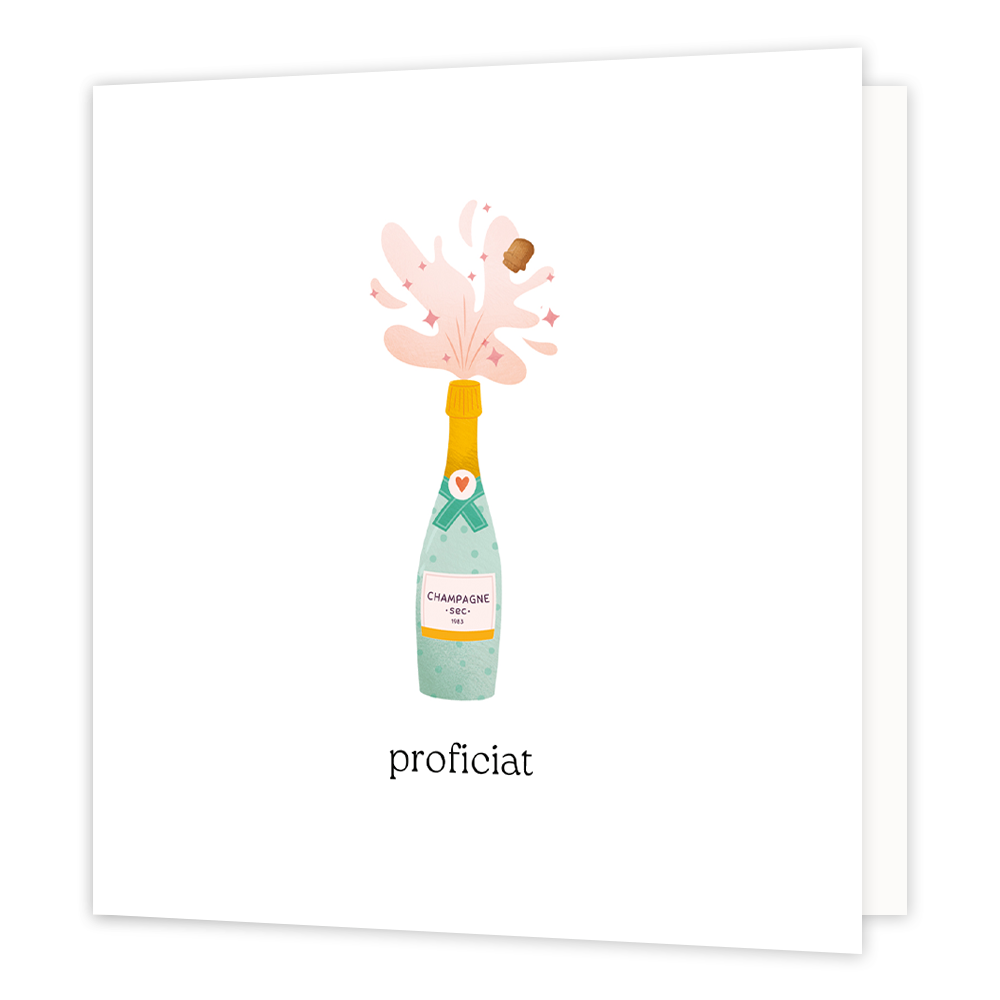 Proficiat - Formaat: Normaal - Vorm: Vierkant - Felicitatiekaart - Op deze wenskaart staat een champagnefles die ontpopt met daaronder de tekst: "Proficiat". - Snelwenskaart